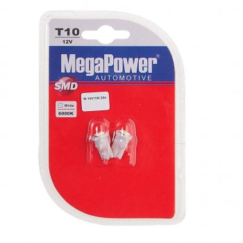 61 р. Лампа светодиодная 12V W5W T10 W2.1x9.5d 6000K блистер (2шт.) MEGAPOWER MEGAPOWER-AUTOMOTIVE 10411w-2бл  с доставкой в г. Кемерово. Увеличить фотографию 1