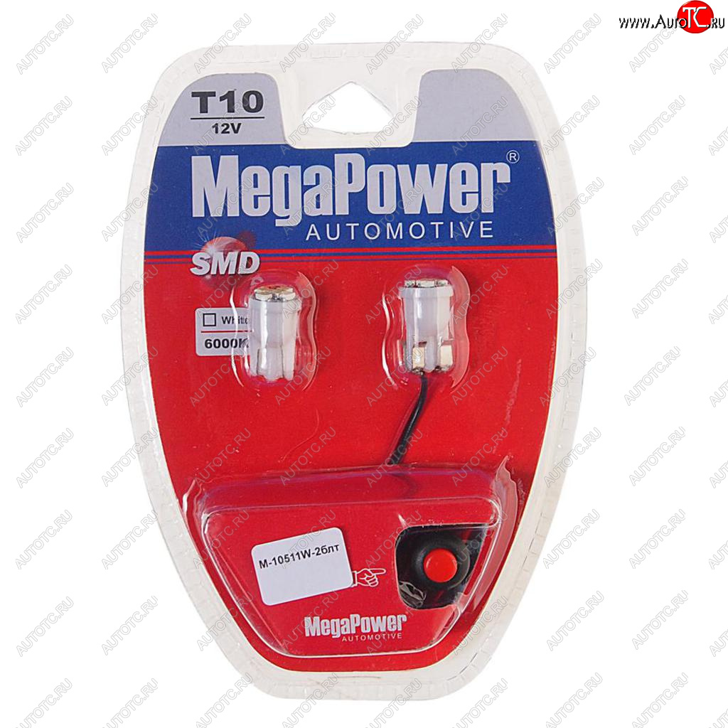 152 р. Лампа светодиодная 12V W5W T10 W2.1x9.5d 6000K 6 LED с тестером блистер (2шт.) MEGAPOWER MEGAPOWER-AUTOMOTIVE 10511w-2блт  с доставкой в г. Кемерово
