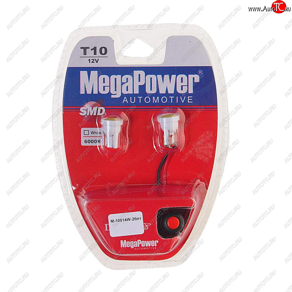 299 р. Лампа светодиодная 12V W5W T10 W2.1x9.5d 6000K с тестером блистер (2шт.) MEGAPOWER MEGAPOWER-AUTOMOTIVE 10514w-2блт  с доставкой в г. Кемерово