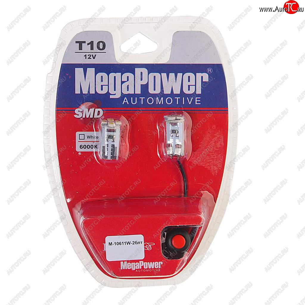 166 р. Лампа светодиодная 12V W5W T10 W2.1x9.5d 6000K 5 LED с тестером блистер (2шт.) MEGAPOWER MEGAPOWER-AUTOMOTIVE 10611w-2блт  с доставкой в г. Кемерово