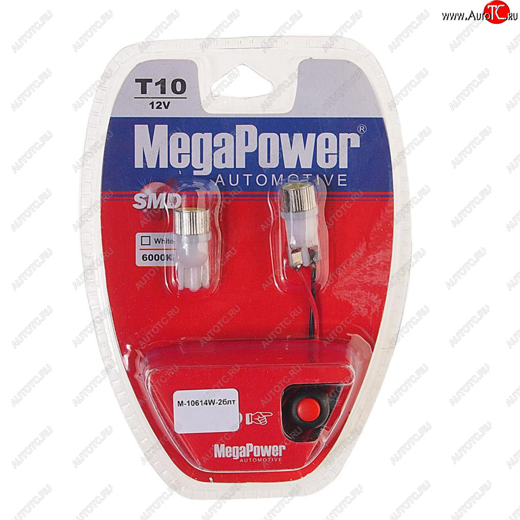 239 р. Лампа светодиодная 12V W5W T10 W2.1x9.5d 6000K с тестером блистер (2шт.) MEGAPOWER MEGAPOWER-AUTOMOTIVE 10614w-2блт  с доставкой в г. Кемерово