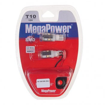 379 р. Лампа светодиодная 12V W5W T10 W2.1x9.5d 6000K 5 LED с тестером блистер (2шт.) MEGAPOWER MEGAPOWER-AUTOMOTIVE 10615w-2блт  с доставкой в г. Кемерово. Увеличить фотографию 1