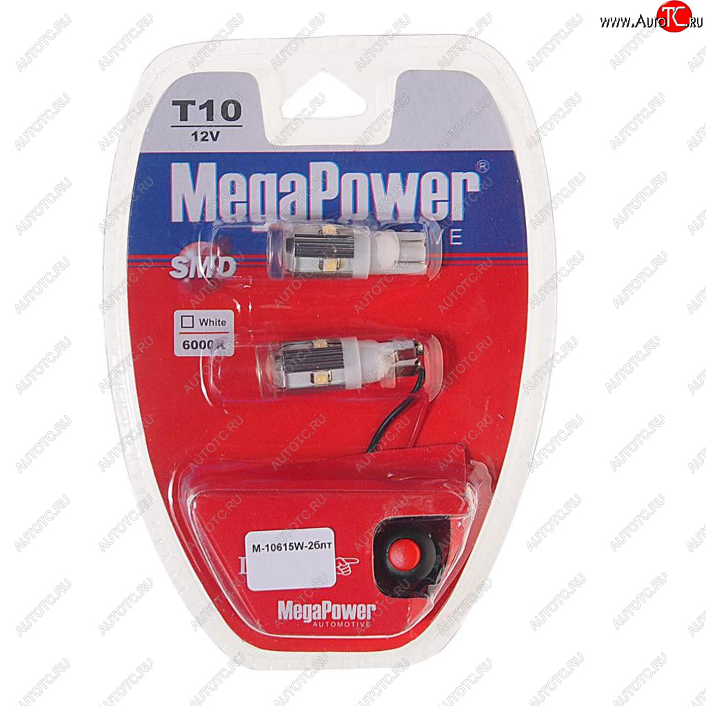 379 р. Лампа светодиодная 12V W5W T10 W2.1x9.5d 6000K 5 LED с тестером блистер (2шт.) MEGAPOWER MEGAPOWER-AUTOMOTIVE 10615w-2блт  с доставкой в г. Кемерово