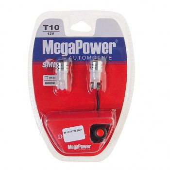 459 р. Лампа светодиодная 12V W5W T10 W2.1x9.5d 6000K с тестером блистер (2шт.) MEGAPOWER MEGAPOWER-AUTOMOTIVE 10711w-2блт  с доставкой в г. Кемерово. Увеличить фотографию 1