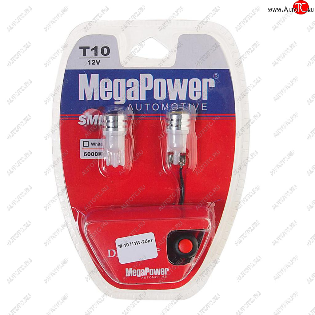 459 р. Лампа светодиодная 12V W5W T10 W2.1x9.5d 6000K с тестером блистер (2шт.) MEGAPOWER MEGAPOWER-AUTOMOTIVE 10711w-2блт  с доставкой в г. Кемерово