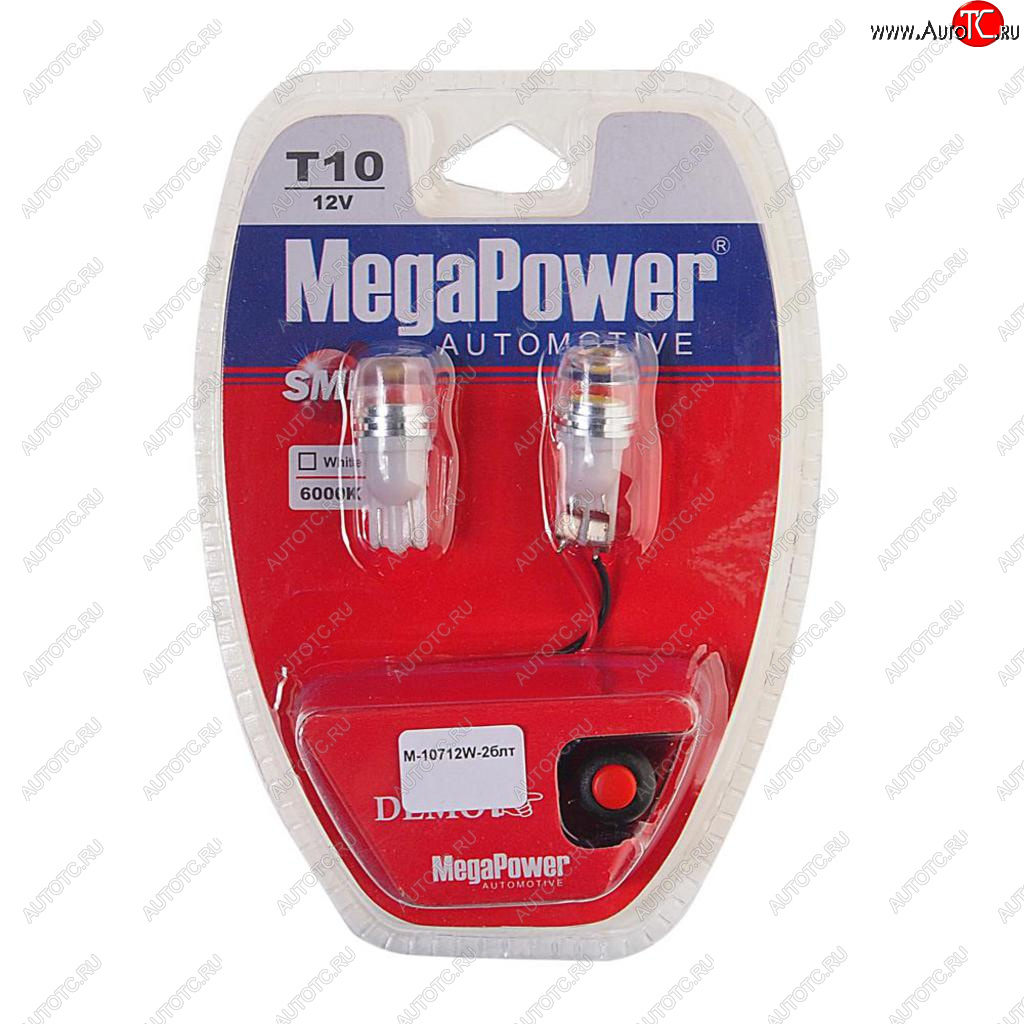 459 р. Лампа светодиодная 12V W5W T10 W2.1x9.5d 6000K с тестером блистер (2шт.) MEGAPOWER MEGAPOWER-AUTOMOTIVE 10712w-2блт  с доставкой в г. Кемерово