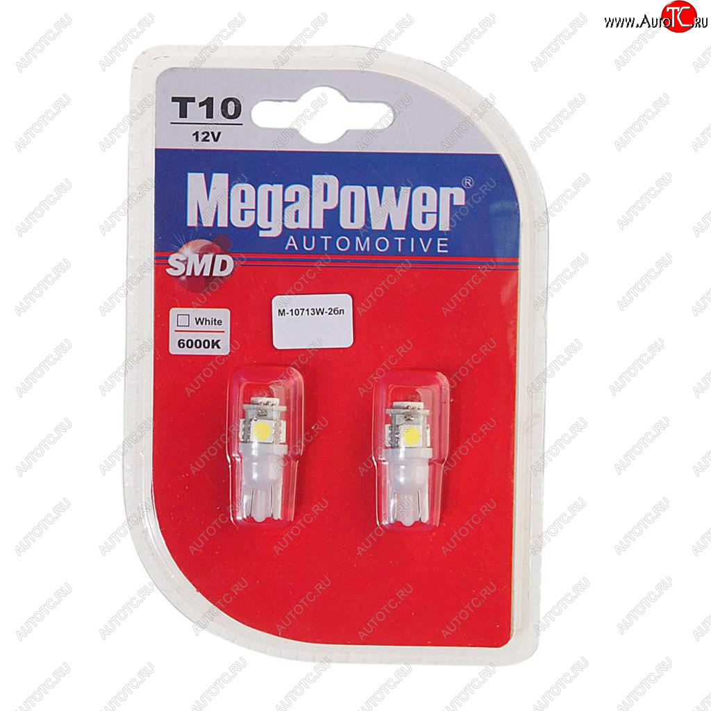 146 р. Лампа светодиодная 12V W5W T10 W2.1x9.5d 6000K 4 LED блистер (2шт.) MEGAPOWER MEGAPOWER-AUTOMOTIVE 10713w-2бл  с доставкой в г. Кемерово