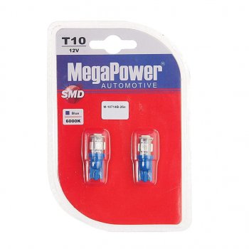 136 р. Лампа светодиодная 12V W5W T10 W2.1x9.5d 5 LED блистер (2шт.) Blue MEGAPOWER MEGAPOWER-AUTOMOTIVE 10714b-2бл  с доставкой в г. Кемерово. Увеличить фотографию 1