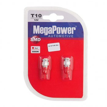 136 р. Лампа светодиодная 12V W5W T10 W2.1x9.5d 5 LED блистер (2шт.) Red MEGAPOWER MEGAPOWER-AUTOMOTIVE 10714r-2бл  с доставкой в г. Кемерово. Увеличить фотографию 1