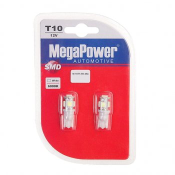 146 р. Лампа светодиодная 12V W5W T10 W2.1x9.5d 6000K 5 LED блистер (2шт.) MEGAPOWER MEGAPOWER-AUTOMOTIVE 10714w-2бл  с доставкой в г. Кемерово. Увеличить фотографию 1