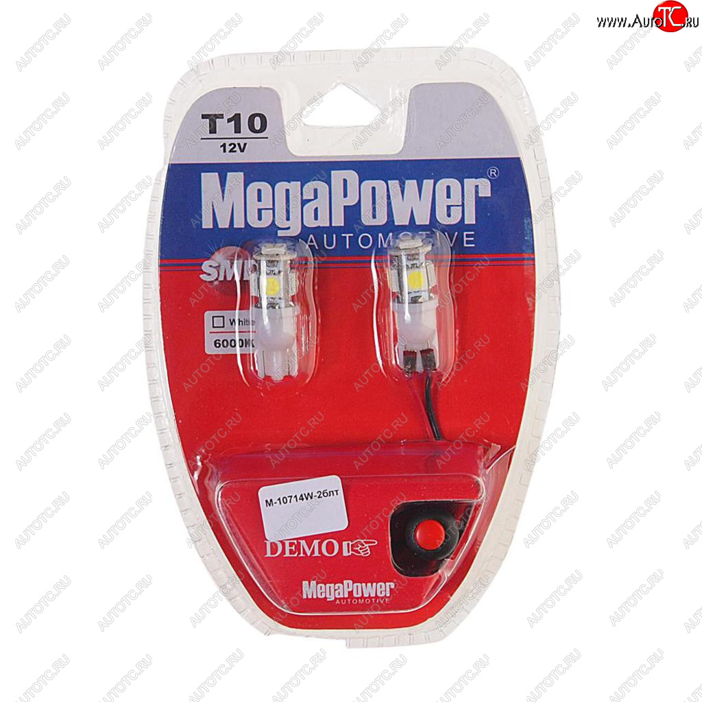 243 р. Лампа светодиодная 12V W5W T10 W2.1x9.5d 6000K 5 LED с тестером блистер (2шт.) MEGAPOWER MEGAPOWER-AUTOMOTIVE 10714w-2блт  с доставкой в г. Кемерово