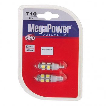 253 р. Лампа светодиодная 12V W5W T10 W2.1x9.5d 6000K 9 LED блистер (2шт.) MEGAPOWER MEGAPOWER-AUTOMOTIVE 10715w-2бл  с доставкой в г. Кемерово. Увеличить фотографию 1