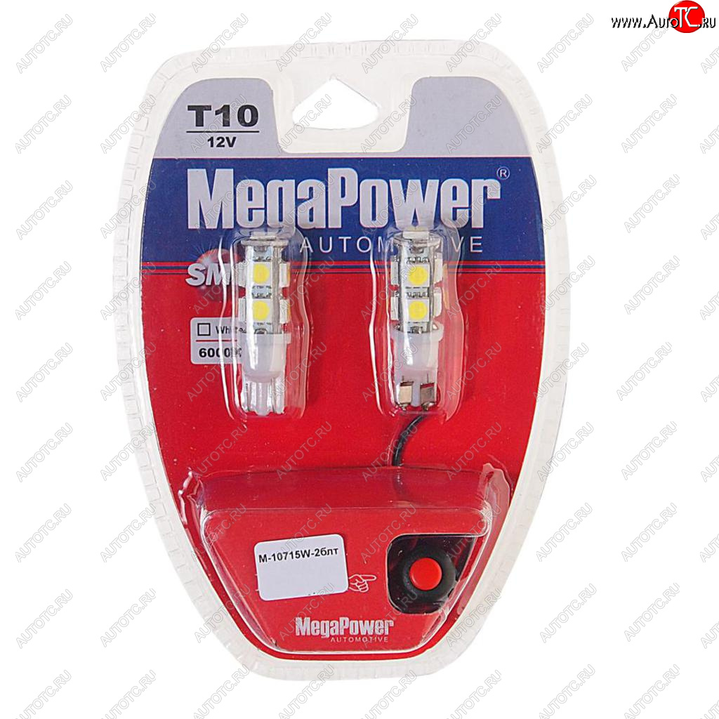 369 р. Лампа светодиодная 12V W5W T10 W2.1x9.5d 6000K 9 LED с тестером блистер (2шт.) MEGAPOWER MEGAPOWER-AUTOMOTIVE 10715w-2блт  с доставкой в г. Кемерово