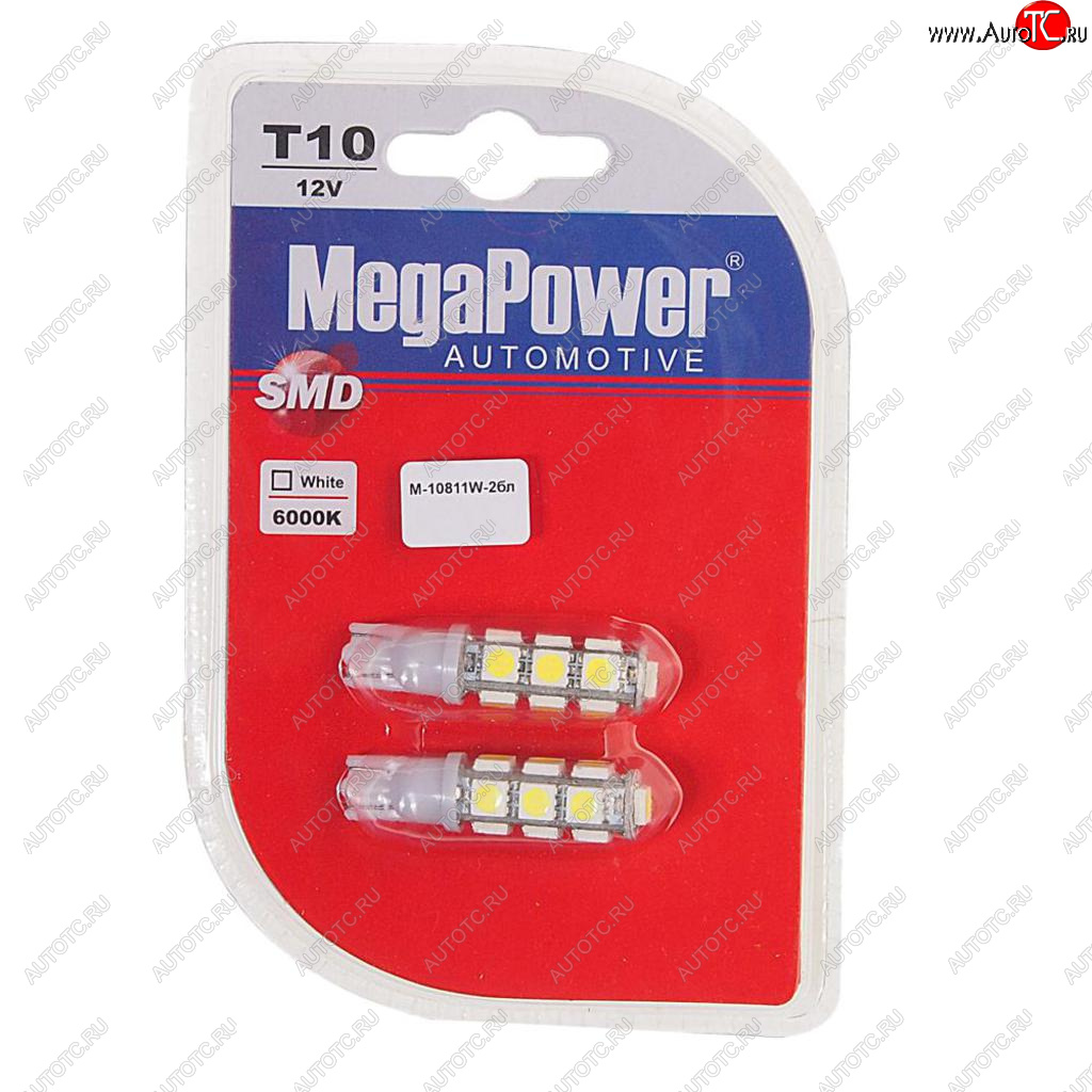 339 р. Лампа светодиодная 12V W5W T10 W2.1x9.5d 6000K 13 LED блистер (2шт.) MEGAPOWER MEGAPOWER-AUTOMOTIVE 10811w-2бл  с доставкой в г. Кемерово