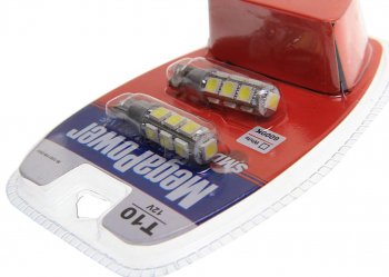 419 р. Лампа светодиодная 12V W5W T10 W2.1x9.5d 6000K 13 LED с тестером блистер (2шт.) MEGAPOWER MEGAPOWER-AUTOMOTIVE 10811w-2блт  с доставкой в г. Кемерово. Увеличить фотографию 2