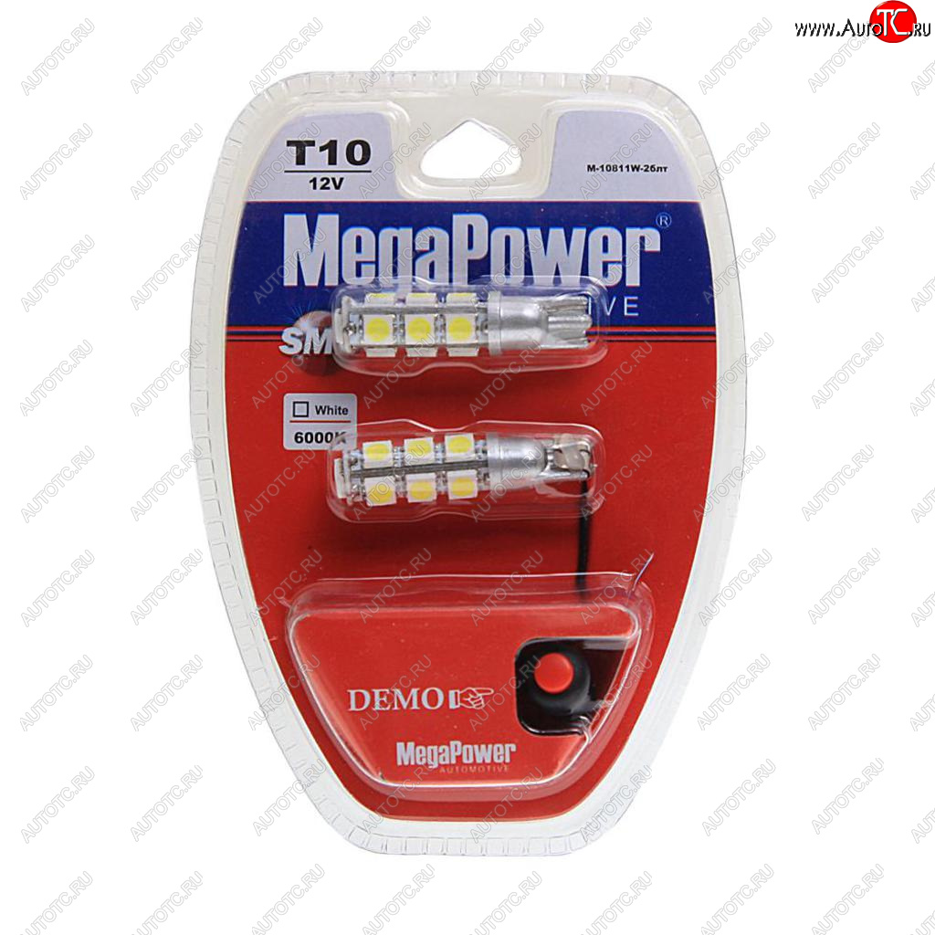 419 р. Лампа светодиодная 12V W5W T10 W2.1x9.5d 6000K 13 LED с тестером блистер (2шт.) MEGAPOWER MEGAPOWER-AUTOMOTIVE 10811w-2блт  с доставкой в г. Кемерово