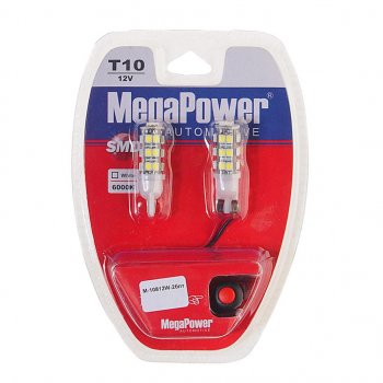349 р. Лампа светодиодная 12V W5W T10 W2.1x9.5d 6000K 25 LED с тестером блистер (2шт.)MEGAPOWER MEGAPOWER-AUTOMOTIVE 10812w-2блт  с доставкой в г. Кемерово. Увеличить фотографию 1