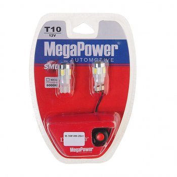 739 р. Лампа светодиодная 12V W5W T10 W2.1x9.5d 6000K 6 LED с тестером блистер (2шт.) MEGAPOWER MEGAPOWER-AUTOMOTIVE 10814w-2блт  с доставкой в г. Кемерово. Увеличить фотографию 1