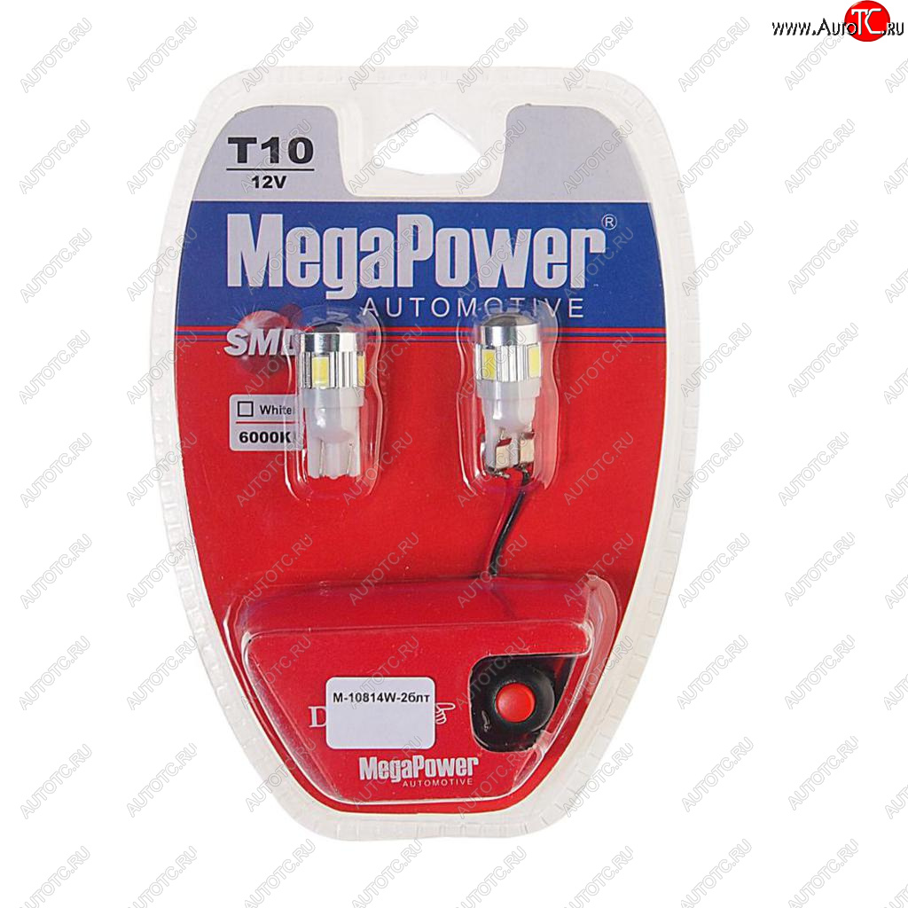 739 р. Лампа светодиодная 12V W5W T10 W2.1x9.5d 6000K 6 LED с тестером блистер (2шт.) MEGAPOWER MEGAPOWER-AUTOMOTIVE 10814w-2блт  с доставкой в г. Кемерово