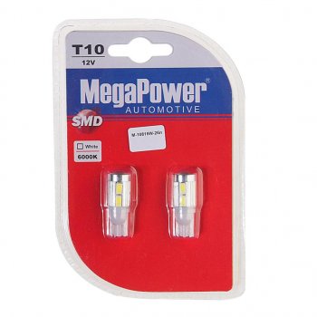 589 р. Лампа светодиодная 12V W5W T10 W2.1x9.5d 6000K 10 LED блистер (2шт.) MEGAPOWER MEGAPOWER-AUTOMOTIVE 10815w-2бл  с доставкой в г. Кемерово. Увеличить фотографию 1