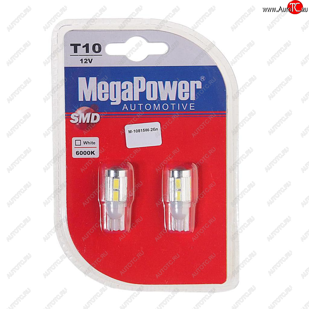 589 р. Лампа светодиодная 12V W5W T10 W2.1x9.5d 6000K 10 LED блистер (2шт.) MEGAPOWER MEGAPOWER-AUTOMOTIVE 10815w-2бл  с доставкой в г. Кемерово