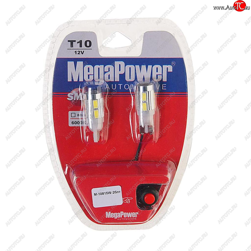 699 р. Лампа светодиодная 12V W5W T10 W2.1x9.5d 6000K 10 LED с тестером блистер (2шт.) MEGAPOWER MEGAPOWER-AUTOMOTIVE 10815w-2блт  с доставкой в г. Кемерово