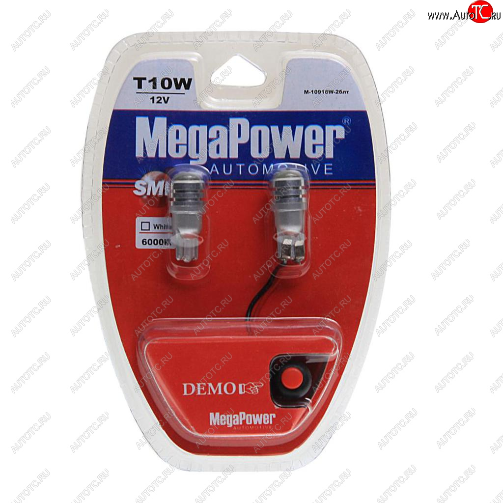 479 р. Лампа светодиодная 12V W5W T10 W2.1x9.5d 6000K с тестером блистер (2шт.) MEGAPOWER MEGAPOWER-AUTOMOTIVE 10916w-2блт  с доставкой в г. Кемерово