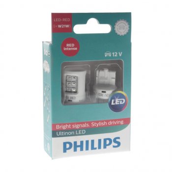 1 699 р. Лампа светодиодная 12V W21W W3-16q бесцокольная (2шт.) Led Red Ultinon PHILIPS PHILIPS 11065ulrx2  с доставкой в г. Кемерово. Увеличить фотографию 1