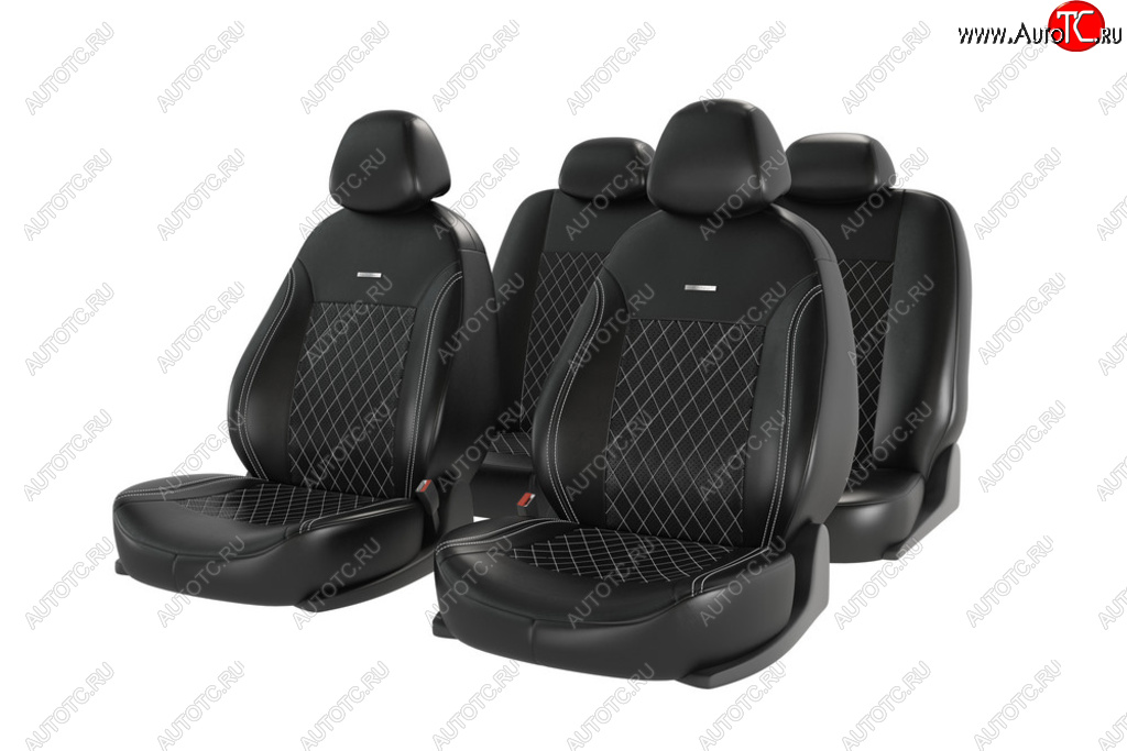 4 999 р. Универсальные чехлы сидений (майка, 11 предм., экокожа) Atom Leather CARFASHION   (черные белая строчка)  с доставкой в г. Кемерово