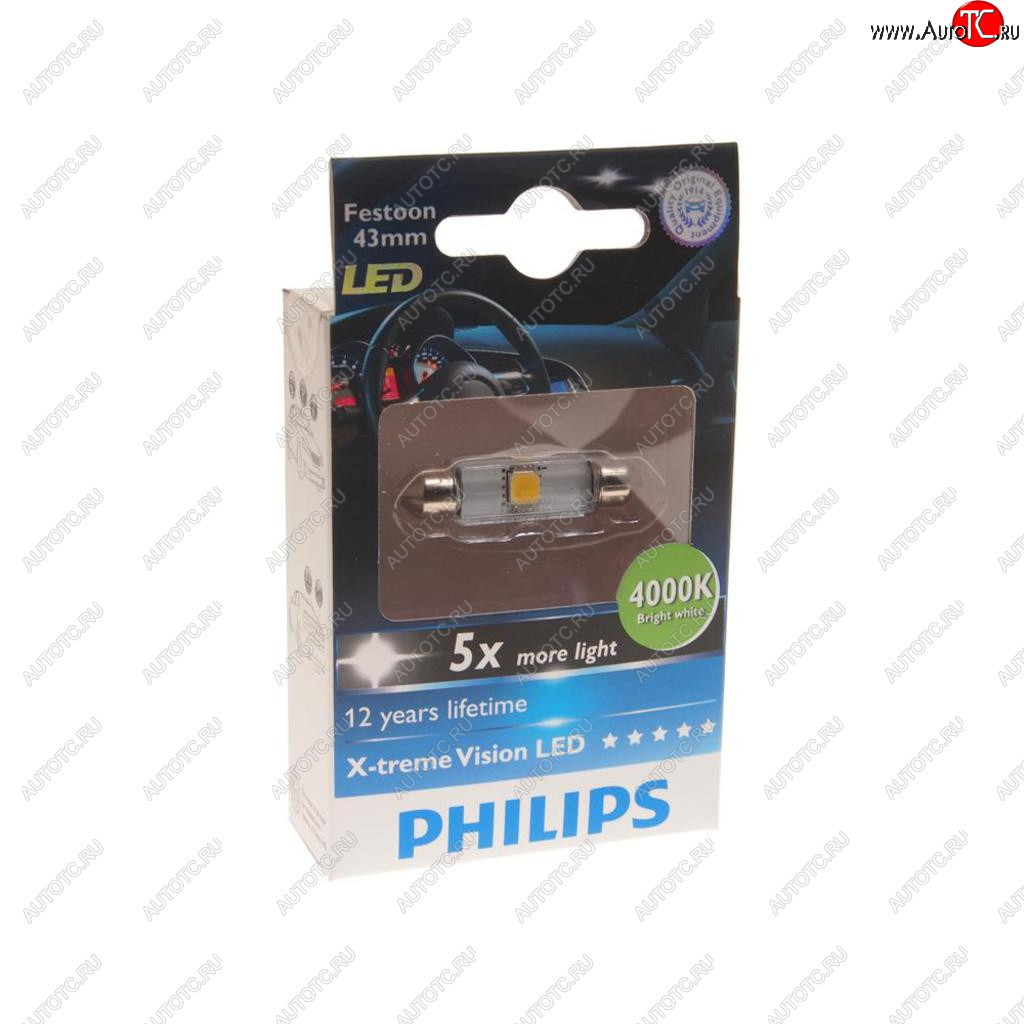 699 р. Лампа светодиодная 12V C5W SV8.5-8 43мм 4000K двухцокольная бокс (1шт.) X-Treme Vision Led PHILIPS PHILIPS 129454000kx1  с доставкой в г. Кемерово