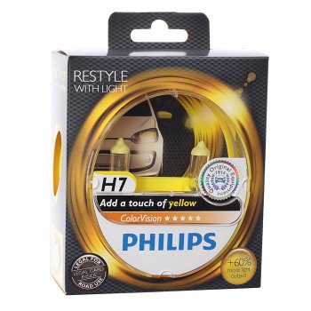 3 069 р. Лампа 12V H7 55W PX26d +60% 3350K бокс (2шт.) Yellow Colorvision PHILIPS PHILIPS 12972cvpys2  с доставкой в г. Кемерово. Увеличить фотографию 1