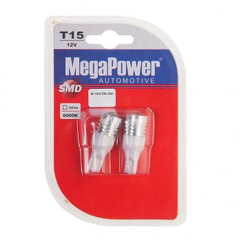 499 р. Лампа светодиодная 12V T15W W2.1x9.5d бесцокольная блистер (2шт.) MEGAPOWER MEGAPOWER-AUTOMOTIVE 15412w-2бл  с доставкой в г. Кемерово. Увеличить фотографию 1