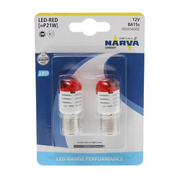 1 369 р. Лампа светодиодная 12V P21W 1.75W BA15s блистер (2шт.) Red Range Perfomance LED NARVA NARVA 180934000  с доставкой в г. Кемерово. Увеличить фотографию 1