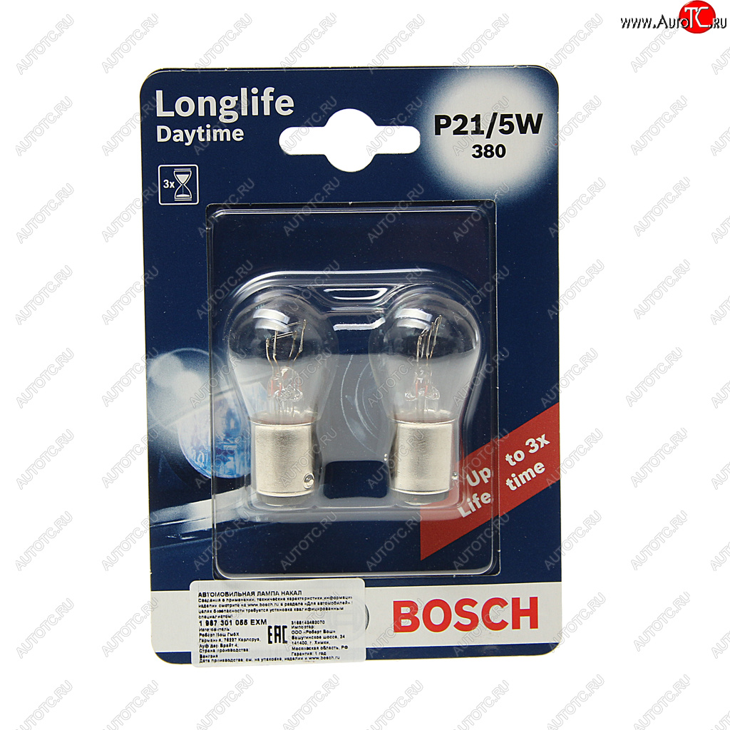 220 р. Лампа 12V P215W BAY15d блистер (2шт.) Longlife Daytime BOSCH BOSCH 1987301055  с доставкой в г. Кемерово