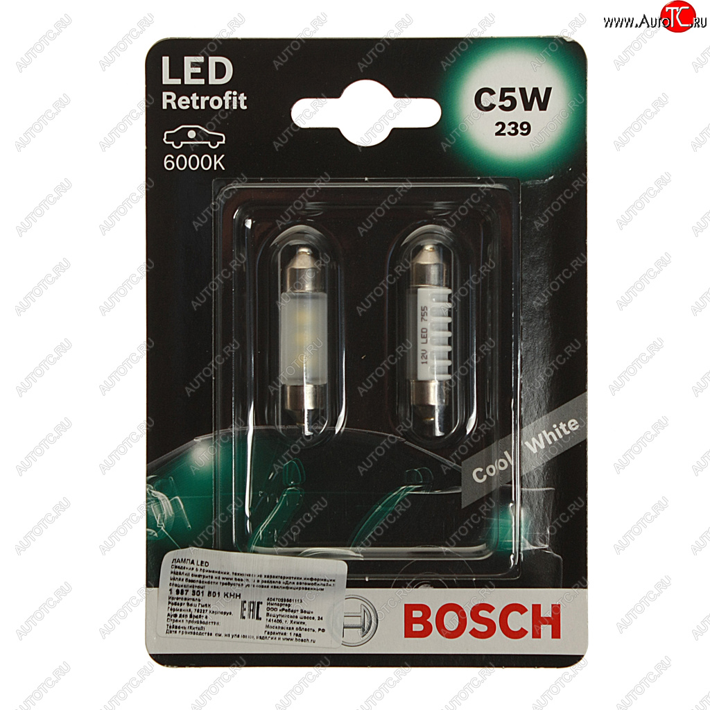 369 р. Лампа светодиодная 12V C5W SV8.5-8 двухцокольная блистер (2шт.) LED Retrofit BOSCH BOSCH 1987301501  с доставкой в г. Кемерово