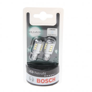 1 899 р. Лампа светодиодная 12V W16W W2.1x9.5d 6000K блистер (2шт.) Retrofit BOSCH BOSCH 1987301523  с доставкой в г. Кемерово. Увеличить фотографию 1