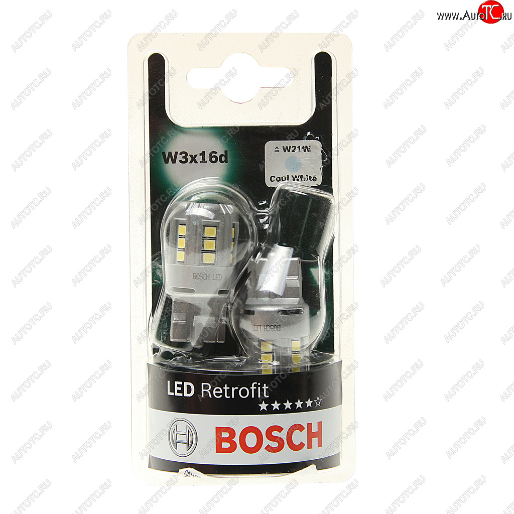 1 599 р. Лампа светодиодная 12V W21W W3x16d 6000K блистер (2шт.) Retrofit BOSCH BOSCH 1987301524  с доставкой в г. Кемерово