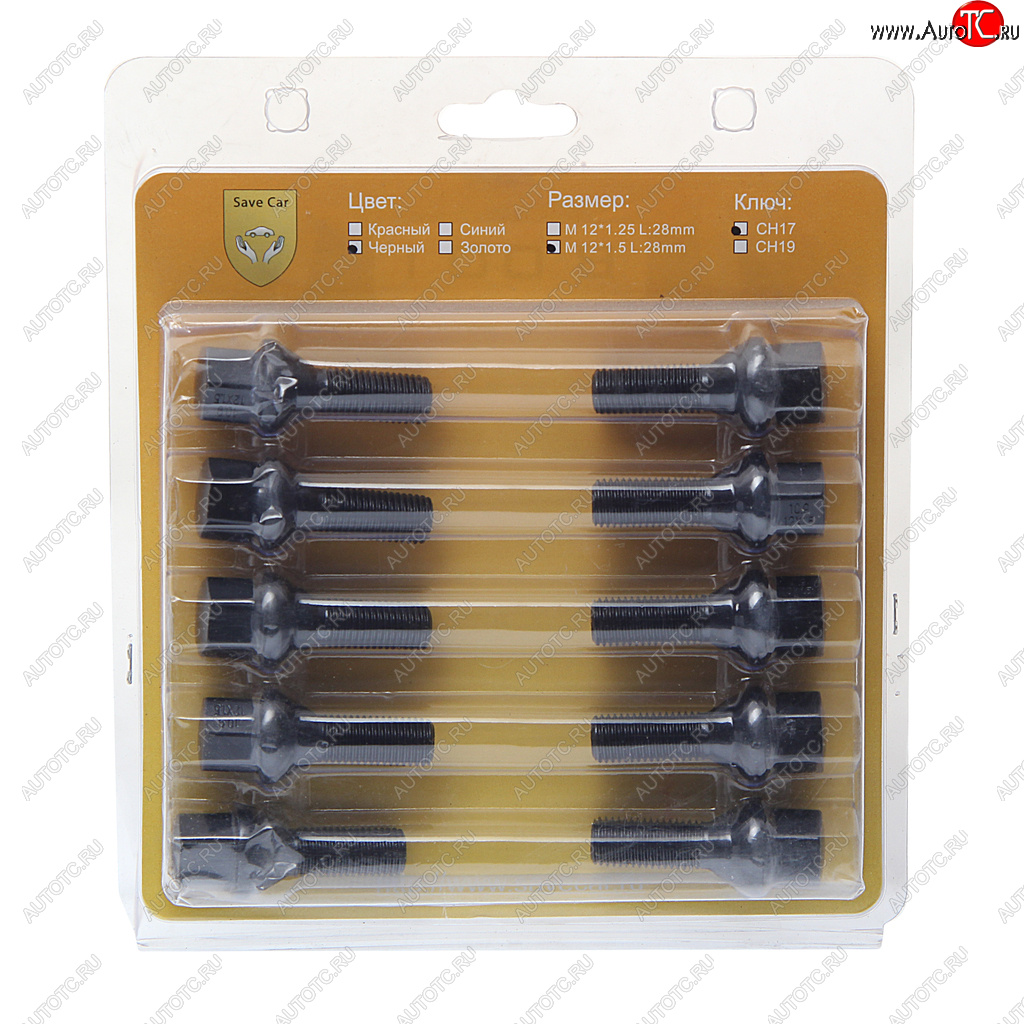 2 499 р. Болт колеса М12х1.50х28 конус под ключ 17мм черный 20шт. SAVE CAR SAVE CAR 201055  с доставкой в г. Кемерово