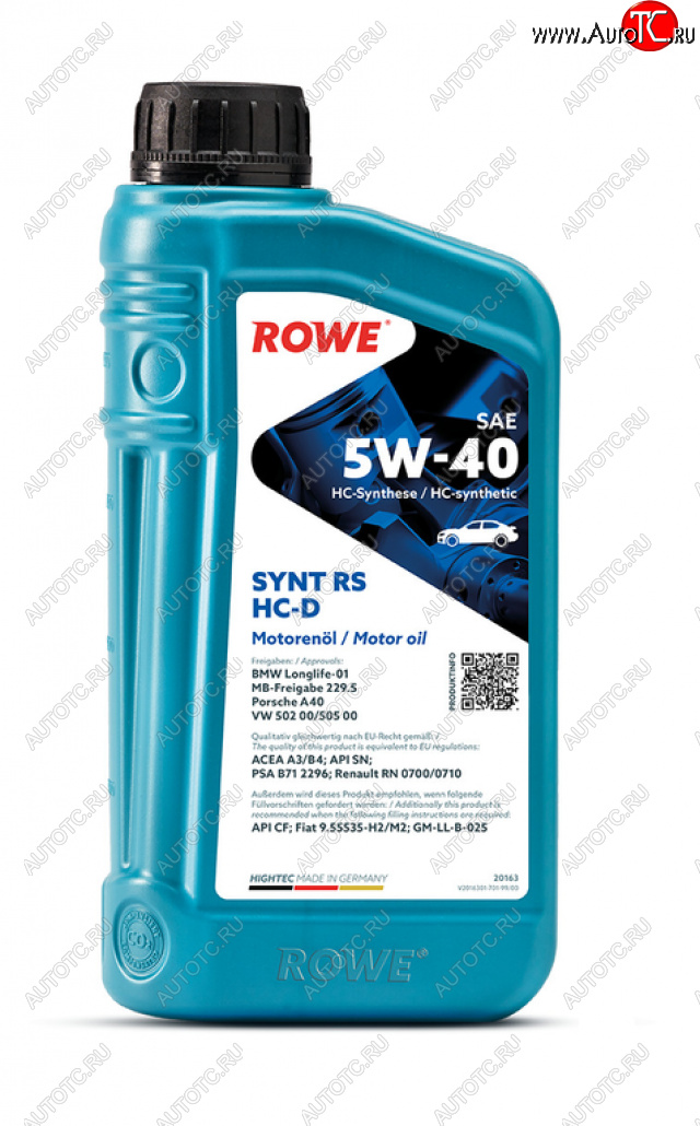 1 999 р. Масло моторное HIGHTEC SYNT RS A3B4SNCF 5W40 HC-D синт.1л ROWE ROWE 20163-0010-99  с доставкой в г. Кемерово