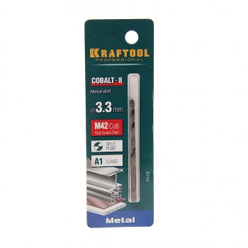 139 р. Сверло по металлу 3.3х65мм HSS Cobalt KRAFTOOL KRAFTOOL 29656-3.3  с доставкой в г. Кемерово. Увеличить фотографию 1