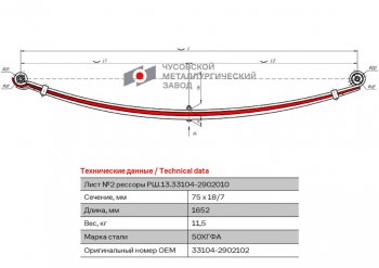 6 949 р. Лист рессоры ГАЗ-3310 Валдай,Газон Next передней №2 L=1652мм ЧМЗ ЧМЗ 33104-2902102  с доставкой в г. Кемерово. Увеличить фотографию 1