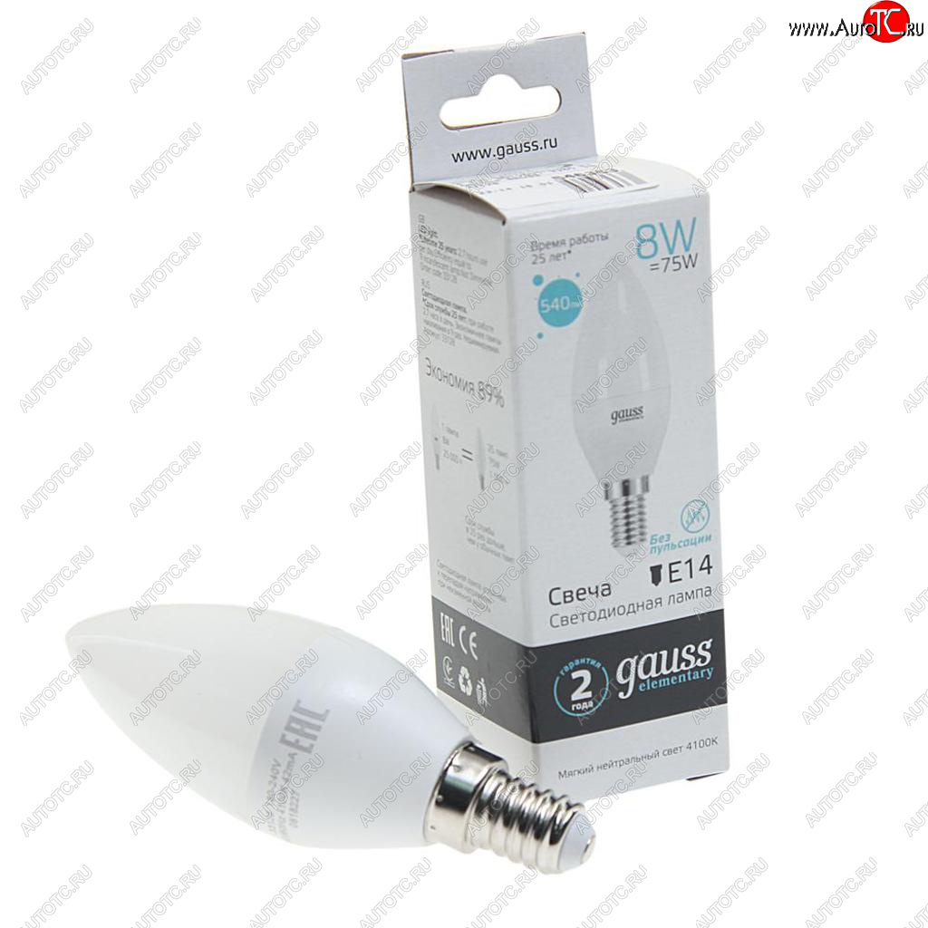 132 р. Лампа светодиодная E14 C37 8W(70W) 220V холодный GAUSS GAUSS 33128  с доставкой в г. Кемерово