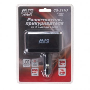 659 р. Разветвитель прикуривателя 2-х гнездовой 12-24V 1USB AVS AVS 43254  с доставкой в г. Кемерово. Увеличить фотографию 1