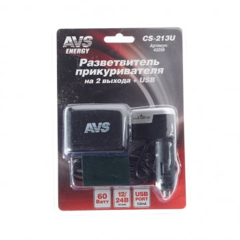 519 р. Разветвитель прикуривателя 2-х гнездовой 12-24V 1USB AVS AVS 43256  с доставкой в г. Кемерово. Увеличить фотографию 1