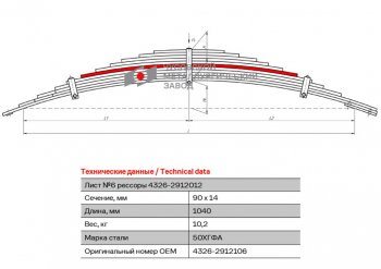 4 299 р. Лист рессоры КАМАЗ-4326 задней №6 L=1040мм ЧМЗ ЧМЗ 4326-2912106 ЧМЗ 4326-2912106  с доставкой в г. Кемерово. Увеличить фотографию 1