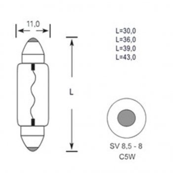 34 р. Лампа 12V C5W SV8.5-8 36мм 45лм TESLAFT (Россия) TESLAFT 4631111143117  с доставкой в г. Кемерово. Увеличить фотографию 2