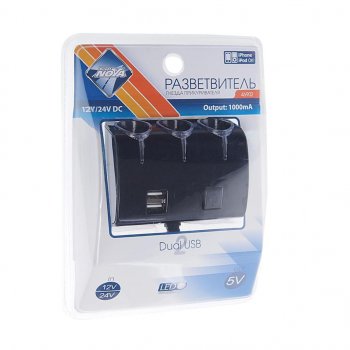 499 р. Разветвитель прикуривателя 3-х гнездовой 12-24V 2USB черный NOVA BRIGHT NOVA BRIGHT 46902  с доставкой в г. Кемерово. Увеличить фотографию 1