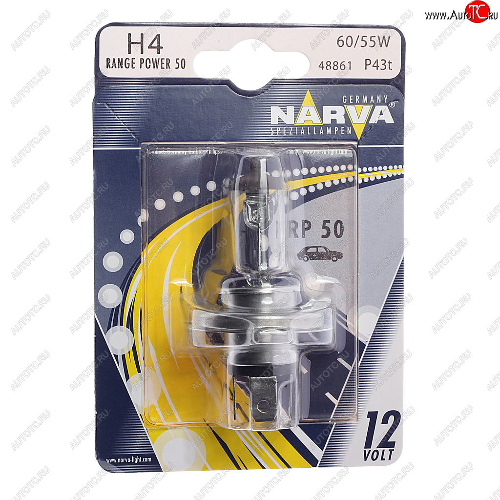 419 р. Лампа 12V H4 6055W P43t-38 +50% блистер (1шт.) Range Power 50+ NARVA NARVA 488614000  с доставкой в г. Кемерово