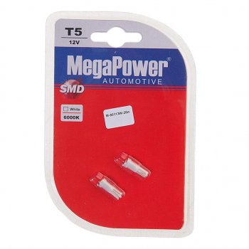 55 р. Лампа светодиодная 12V T5 W2x4.6d 6000K бесцокольная блистер (2шт.) MEGAPOWER MEGAPOWER-AUTOMOTIVE 50113w-2бл  с доставкой в г. Кемерово. Увеличить фотографию 1