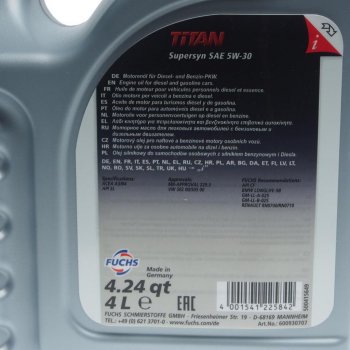 5 299 р. Масло моторное TITAN Supersyn 5W30 синт.4л FUCHS FUCHS 600930721 FUCHS 600930721  с доставкой в г. Кемерово. Увеличить фотографию 2